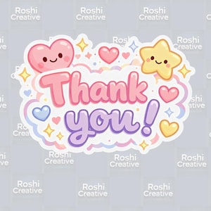 May include: A colorful sticker with the words "Thank you!" in pink and purple bubble letters. The design includes hearts, stars, and clouds in pastel colors. The sticker has a cute, cartoonish style.