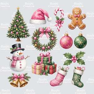 Könnte beinhalten: Eine Sammlung von weihnachtlichen Illustrationen, darunter ein geschmückter Tannenbaum, eine rosa Weihnachtsmütze, eine Zuckerstange, ein Lebkuchenmann, ein Kranz, zwei Christbaumkugeln, ein Schneemann, drei Geschenke, Stechpalmen, zwei Glocken und zwei Strümpfe.