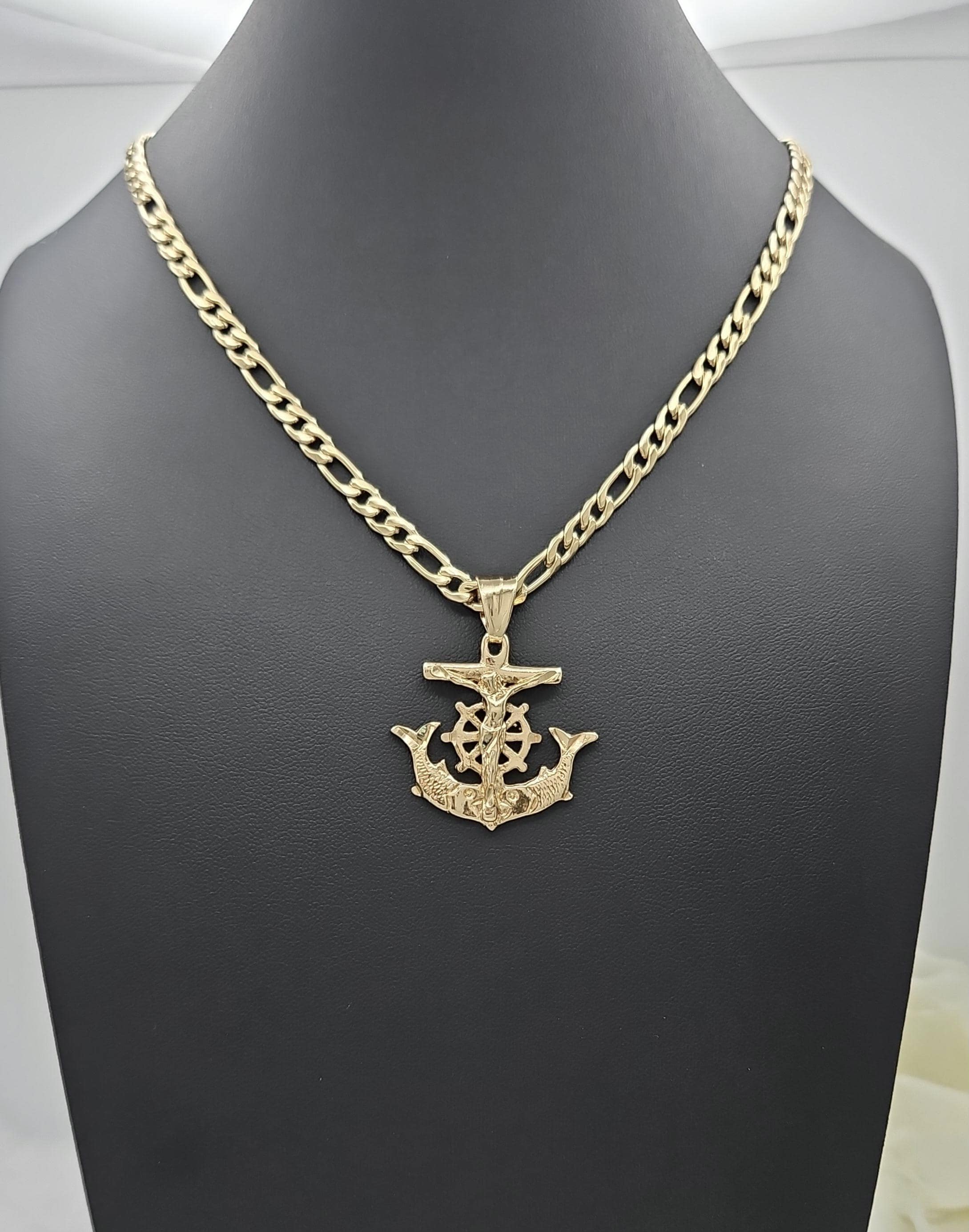 Gold Anchor Crucifix Necklace: 14k Heavy Plated, 5mm Figaro, Hope