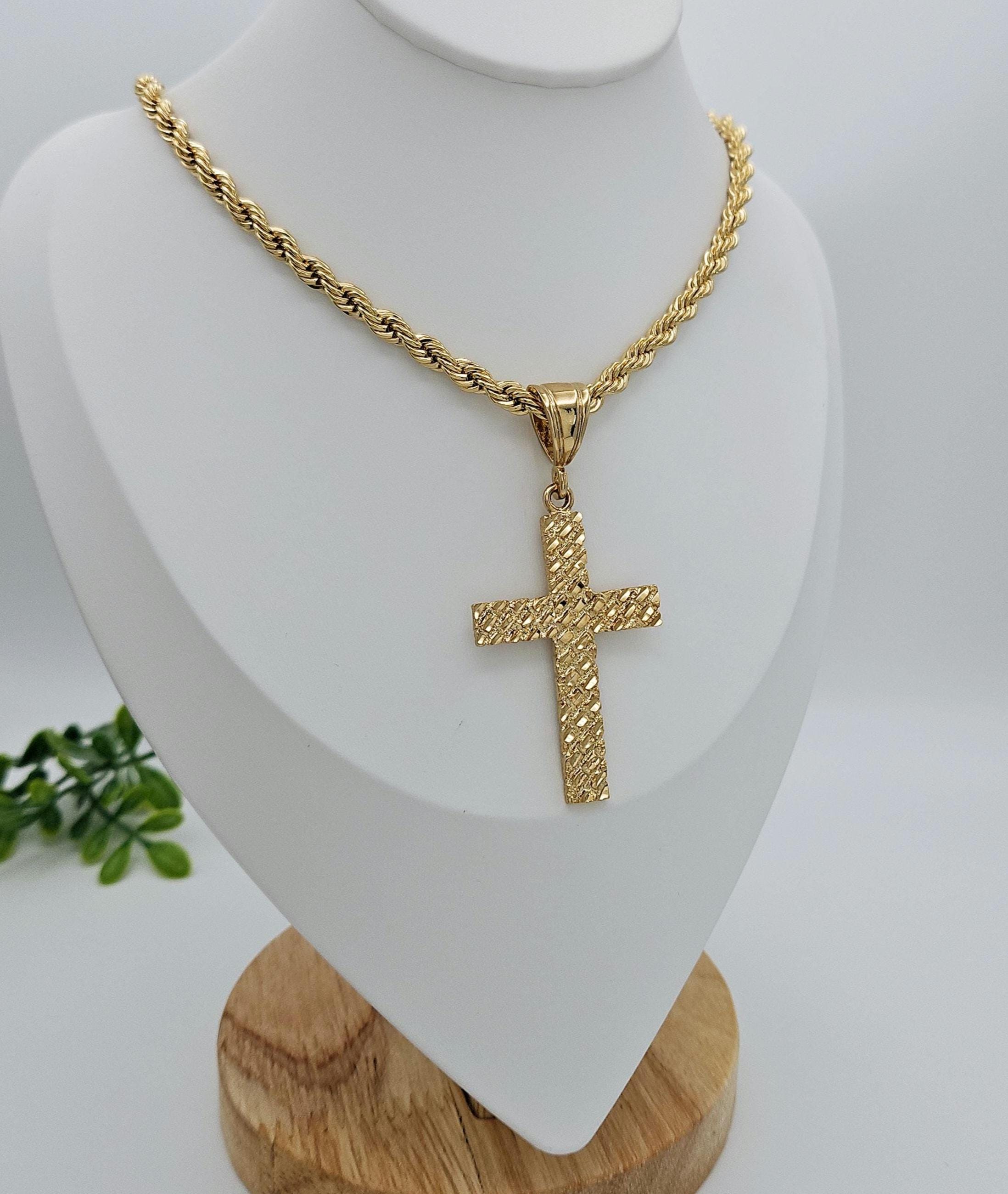 Gold Nugget Cross Necklace: 14k Plated, 5mm French Rope Chain