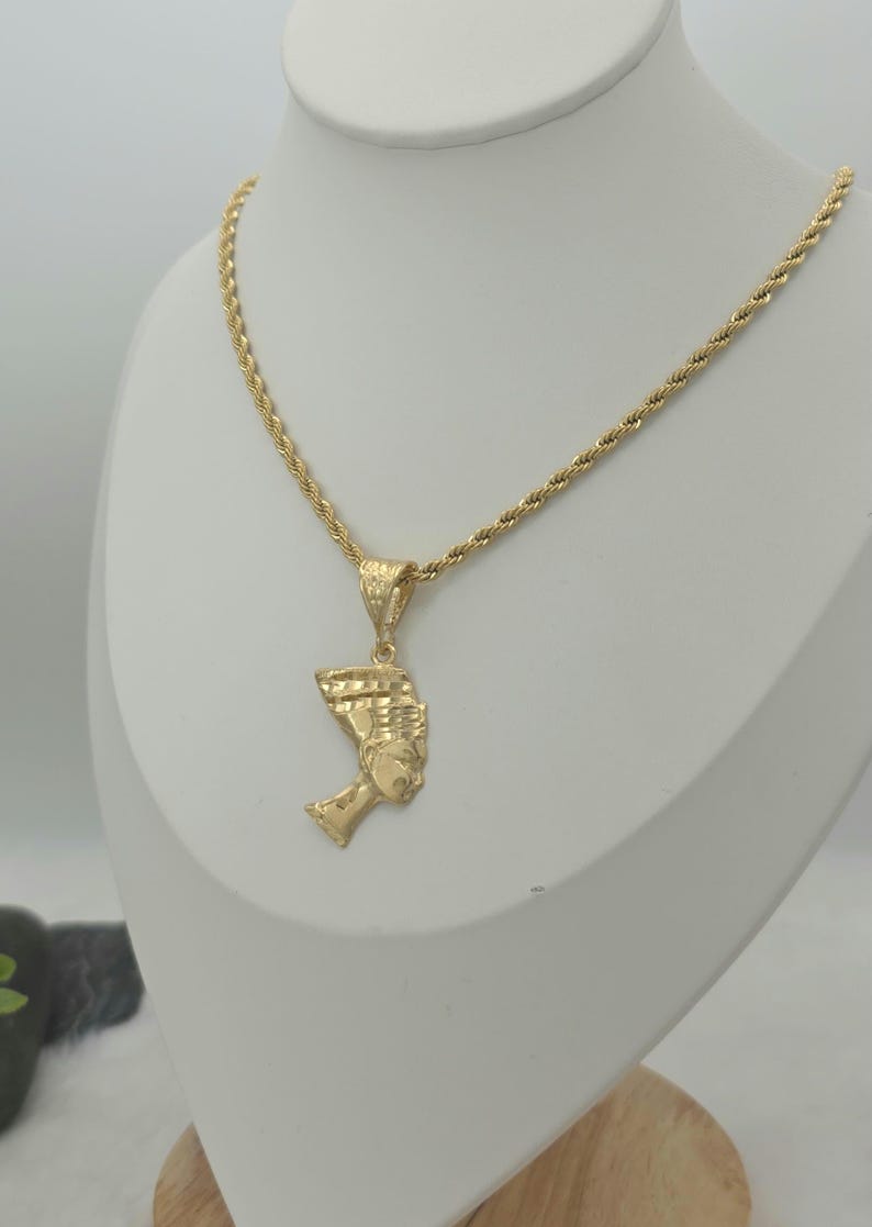 Gold Nefertiti Pendant Necklace: 14k Heavy Plated, 3mm French Rope Chain, Lifetime Replacement Guarantee image 4