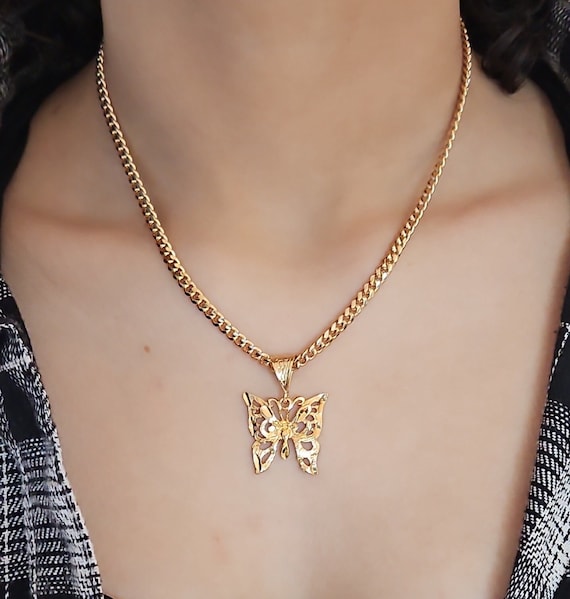 Gold Butterfly Necklace Butterfly Choker Necklace 5mm Curb Chain High Quality 14k Heavy Plated Gold Lifetime Replacement Guarantee