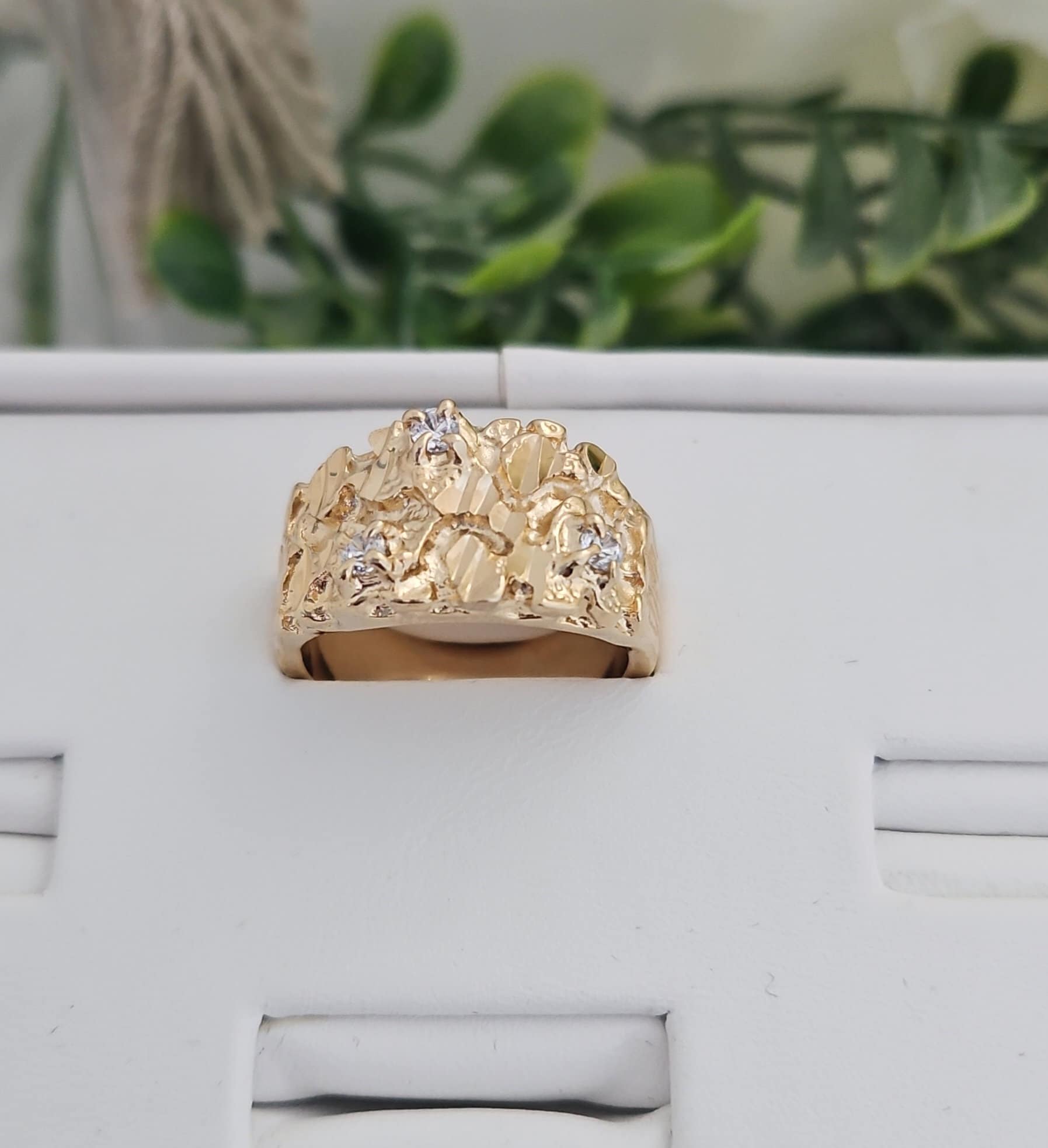 Gold Nugget Ring, Men&#39;s Nugget Diamond Ring, 14k Heavy Plated Gold, Cubic Zirconia Nugget Ring, High Quality, Lifetime Replacement Guarantee