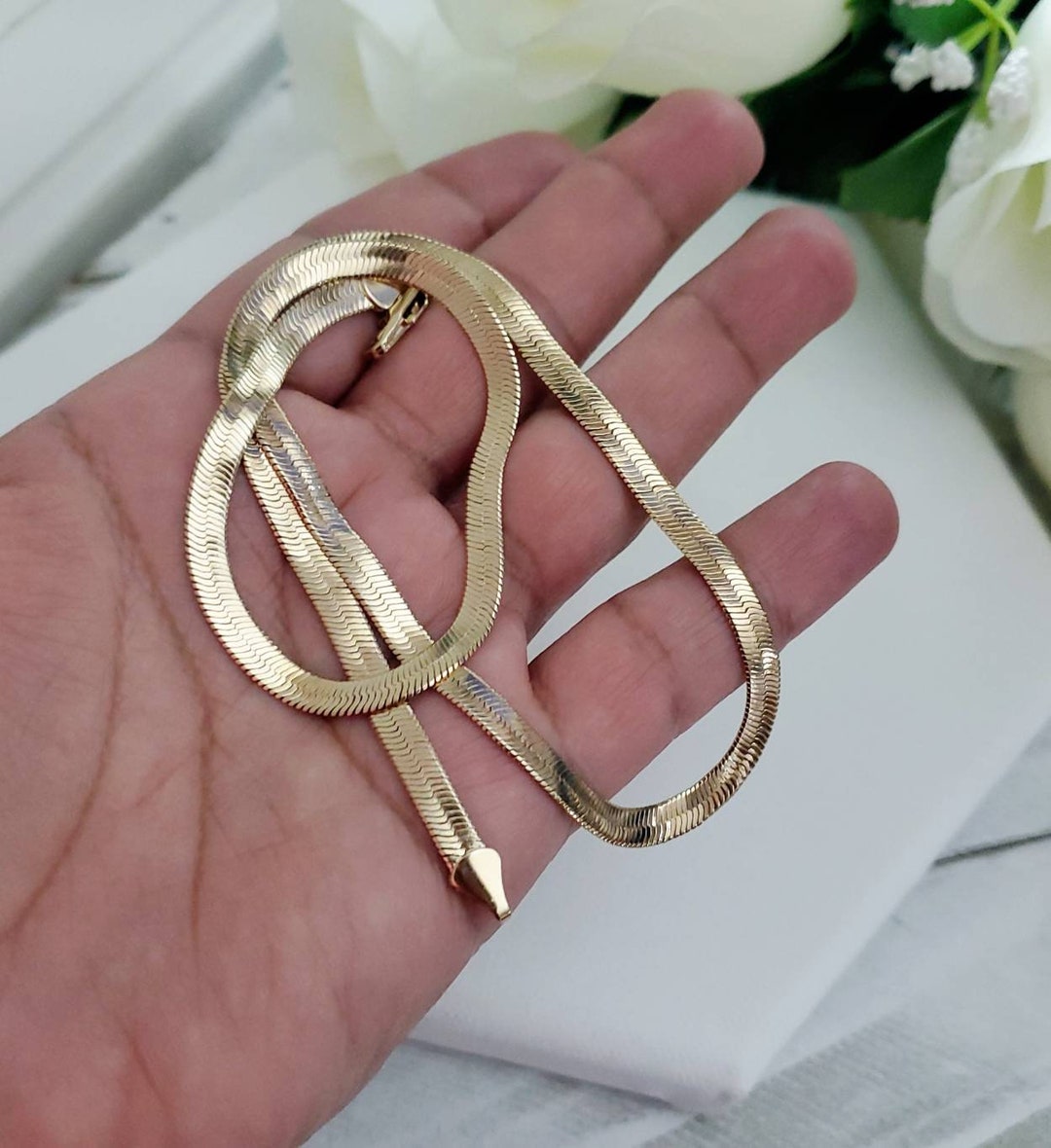 Gold Herringbone Necklace, 5mm Thick Herringbone Necklace, 14k Heavy