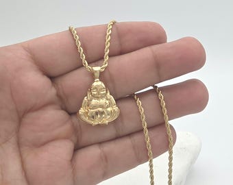 Small Gold Buddha Necklace - 2mm Rope Chain, 14k Heavy Plated Gold, Lifetime Replacement Guarantee
