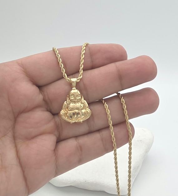 Small Gold Buddha Necklace - 2mm Rope Chain, 14k Heavy Plated Gold, Lifetime Replacement Guarantee