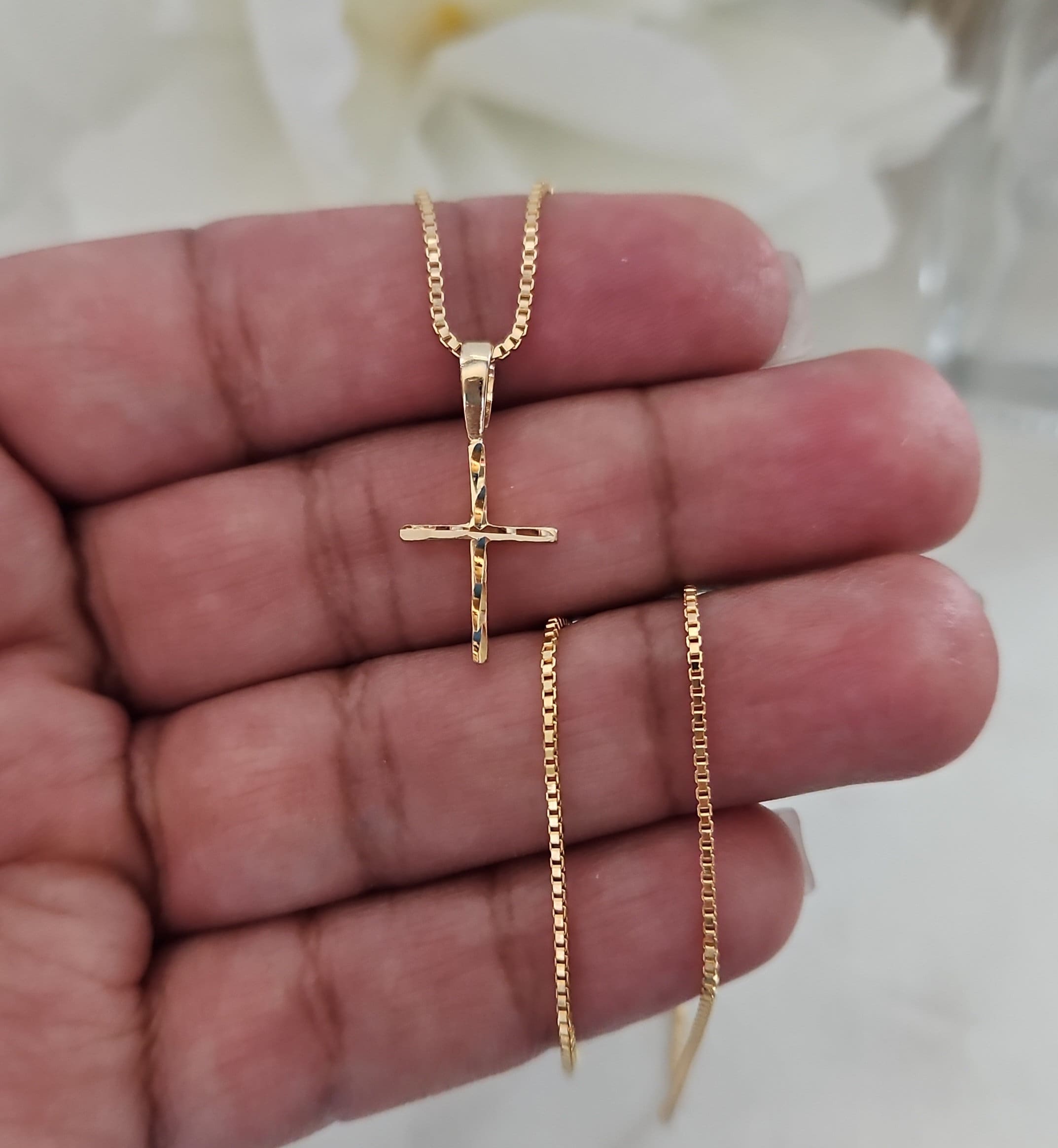 14Kgold cross with 24” classic box chain Dainty Gold Cross Necklace: 14k Heavy Plated, 1mm Box Chain