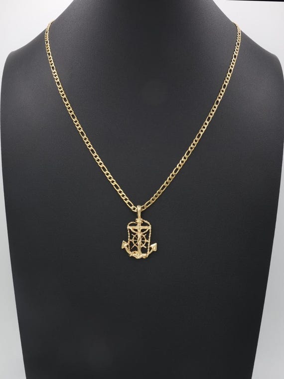 Gold Anchor Crucifix Necklace: 14k Heavy Plated Gold, 4mm Figaro