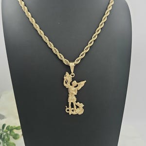 Large Gold St Michael Necklace: Angel of Protection, 14k Gold Plated, 6mm Rope Chain