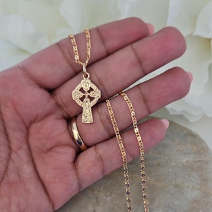 Gold Celtic Cross Necklace, Small Hallmarked Celtic Cross, 2mm Scroll Chain, 14k Heavy Plated Gold Necklace, Embossed Celtic Knot Design