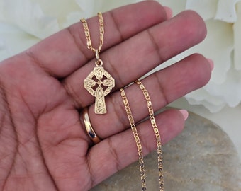 Gold Celtic Cross Necklace, Small Hallmarked Celtic Cross, 2mm Scroll Chain, 14k Heavy Plated Gold Necklace, Embossed Celtic Knot Design