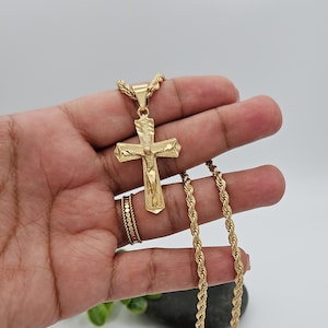 Gouden kruisbeeldketting, 3,5 mm touwketting met kruisbeeld, gouden kruisketting heren, 14k zwaar verguld goud, kruisketting heren, middelgroot