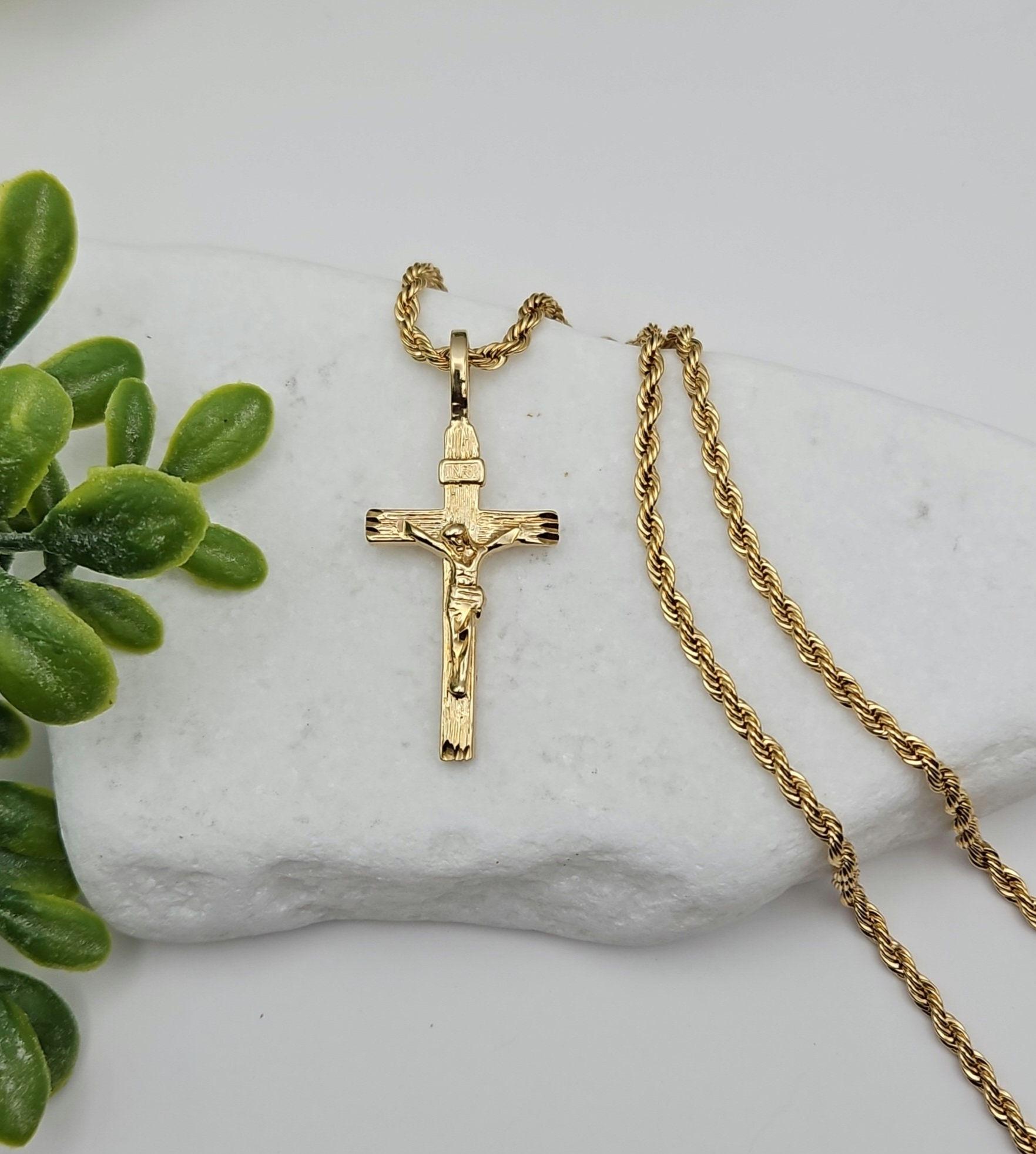 Deux Chaînes Cordon Plaqué Or 14 Carats – Avec Crucifix Et Pendentif Jésus, Homme