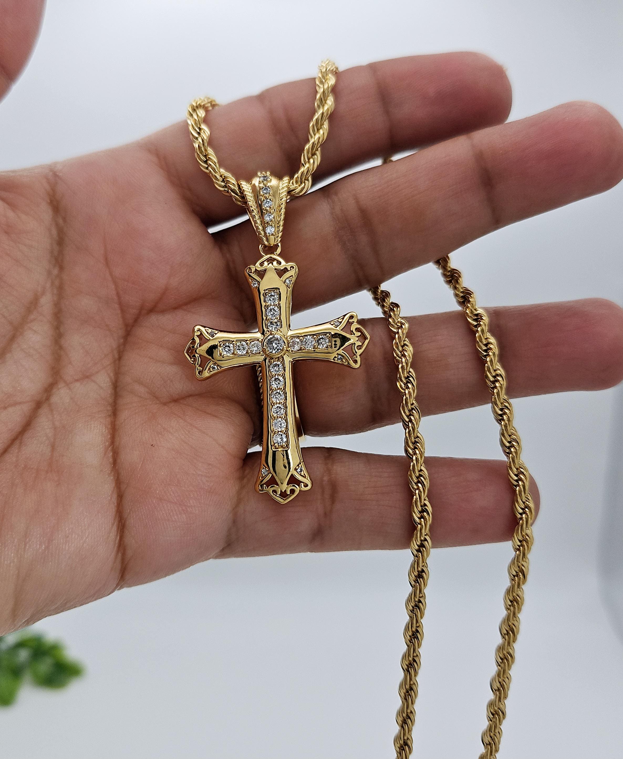 Gold CZ Cross Necklace for Men: 14k Plated, 3mm Rope Chain