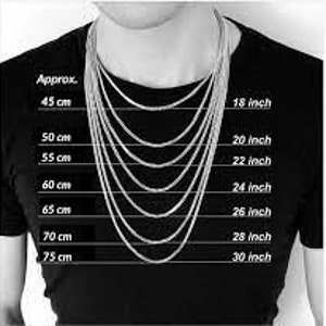 Puede incluir: Un gr&aacute;fico que muestra las longitudes de los collares en pulgadas y cent&iacute;metros. El gr&aacute;fico muestra longitudes de 18 pulgadas a 30 pulgadas, y de 45 cm a 75 cm.