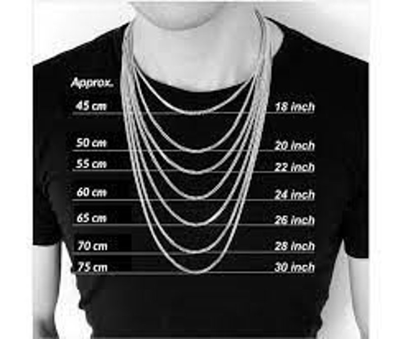 Puede incluir: Un gr&aacute;fico que muestra las longitudes de los collares en pulgadas y cent&iacute;metros. El gr&aacute;fico muestra longitudes de 18 pulgadas a 30 pulgadas, y de 45 cm a 75 cm.