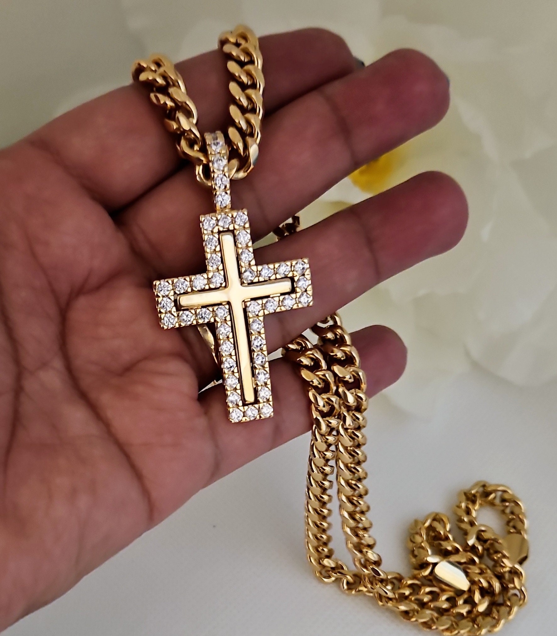 Cuban Chain Gold Cross Necklace ゴールド クロス ネックレス Gold Cross Necklace for Men, Gold CZ Cross Necklace, 14k