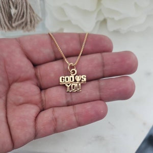 Dios te ama collar, collar DIOS, collar religioso, collar de caja de 1 mm para mujeres, oro chapado pesado de 14 k, garantía de reemplazo de por vida