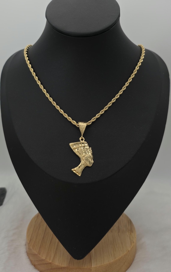 Gold Nefertiti Pendant Necklace: 14k Heavy Plated, 3mm French Rope Chain, Lifetime Replacement Guarantee