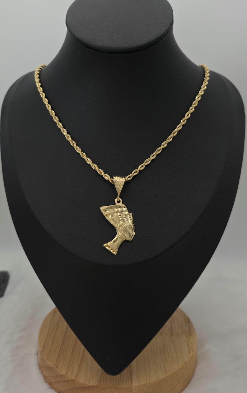Gold Nefertiti Pendant Necklace: 14k Heavy Plated, 3mm French Rope Chain, Lifetime Replacement Guarantee image 1