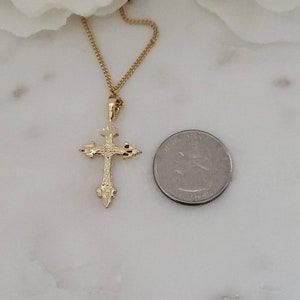 Small Gold Cross Necklace, Diamond Cut Cross Pendant, 1mm Curb Chain ...
