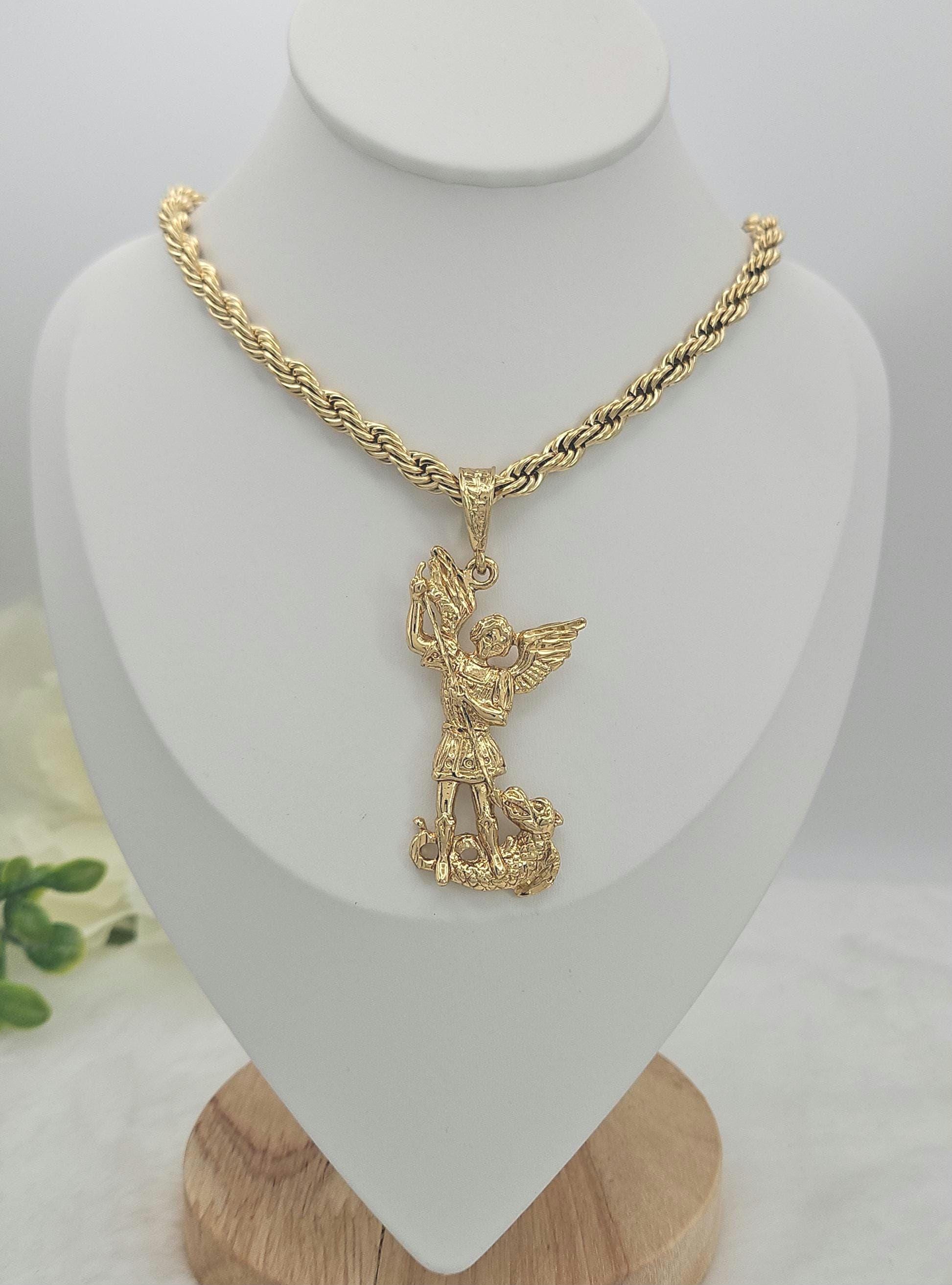 Large Gold St Michael Necklace: Angel of Protection, 14k Gold