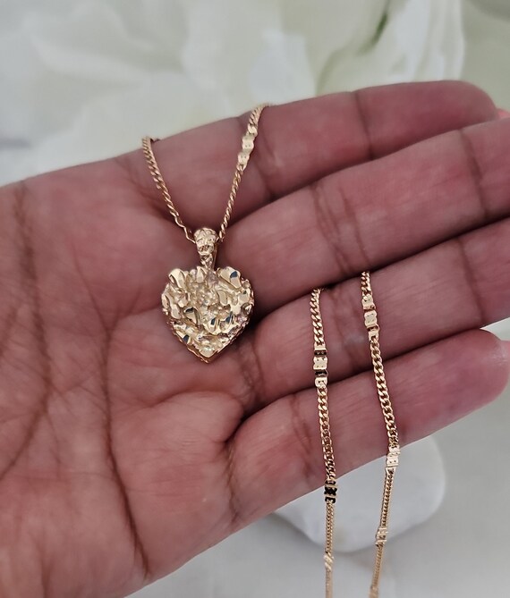 10k Yellow Gold Rope Chain Nugget Heart Charm Pendant 18
