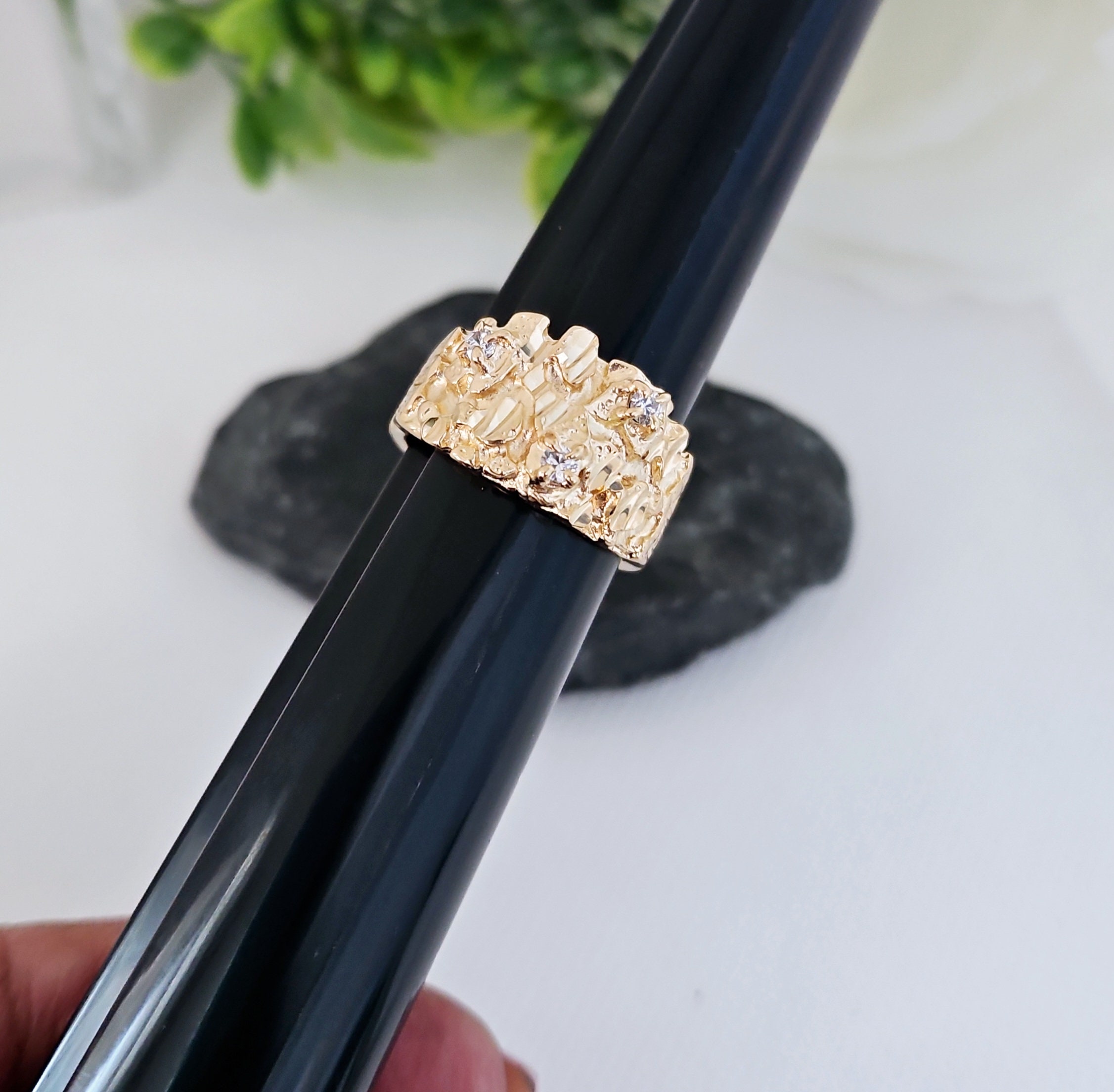 Gold Nugget Ring, Men&#39;s Nugget Diamond Ring, 14k Heavy Plated Gold, Cubic Zirconia Nugget Ring, High Quality, Lifetime Replacement Guarantee