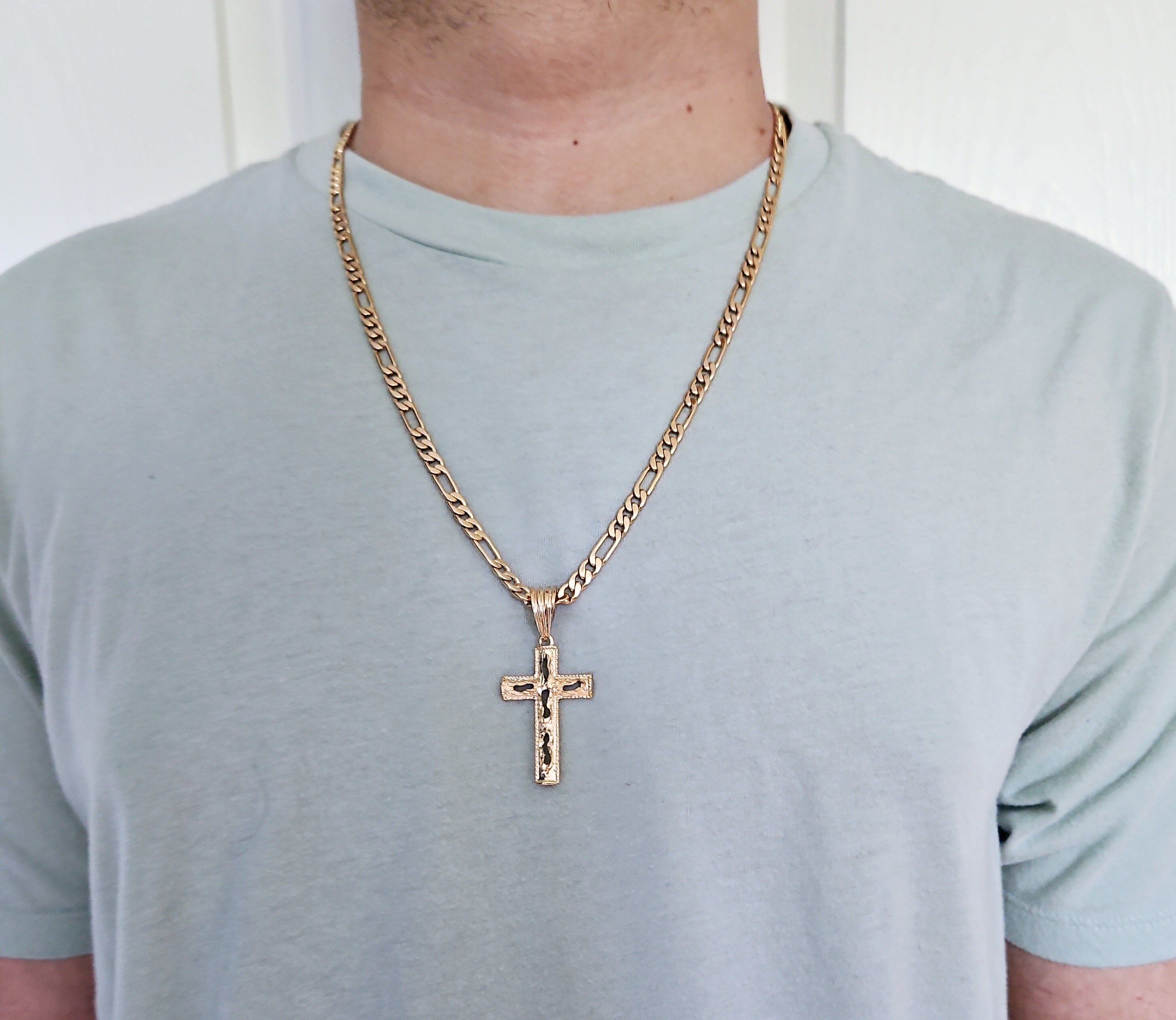Collier Homme Croix En Or 14K - Pendentif Grande Croix Avec Chaîne Figaro 24 Pouces - Neuf Sous Emballage