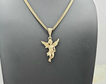 Collar Querubín de Oro: Colgante de Ángel, Cadena Cubana de 4 mm, Baño de Oro de 14k, Garantía de Reemplazo de por Vida