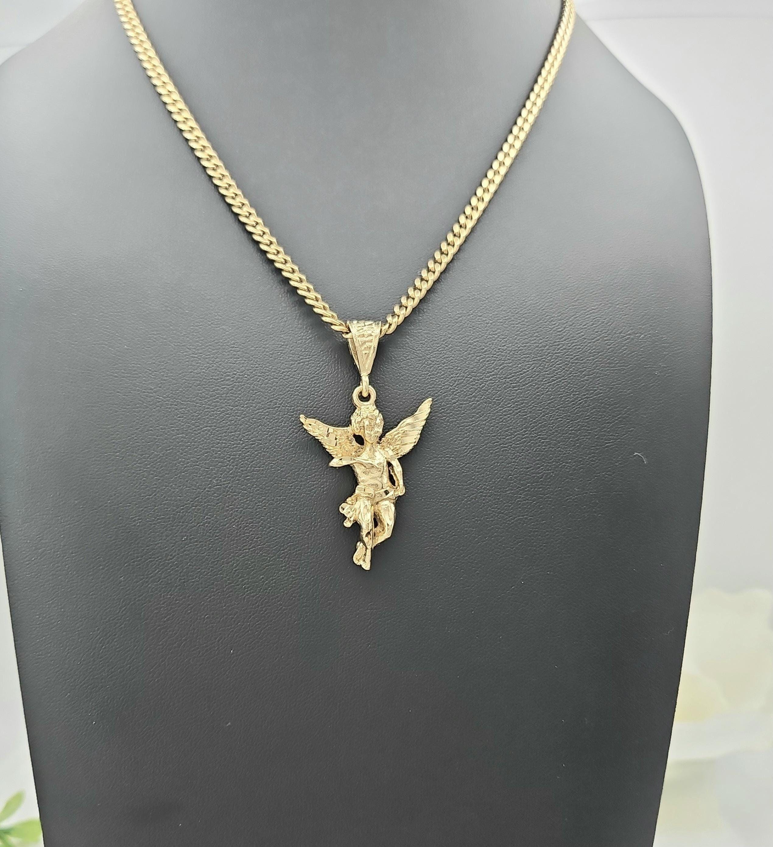Gold Cherub Necklace: Angel Pendant, 4mm Cuban Chain, 14k Heavy 