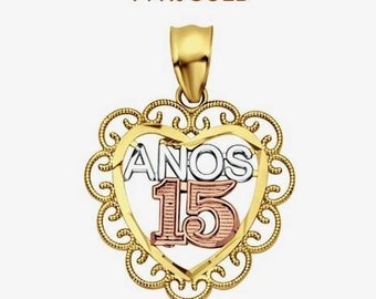 Sweet 15 Pendant, 14k Tricolor Gold Quince Años Pendant, Real 14k Gold Sweet 15 Pendant, Quinceñera Gift, Sweet 15 Gift