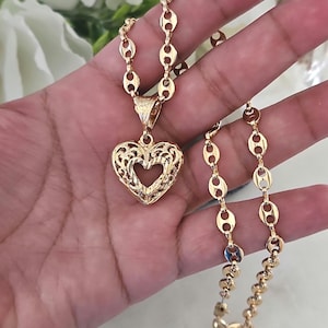 14k Heavy Gold Plated Puffy Heart Necklace with Anchor Chain