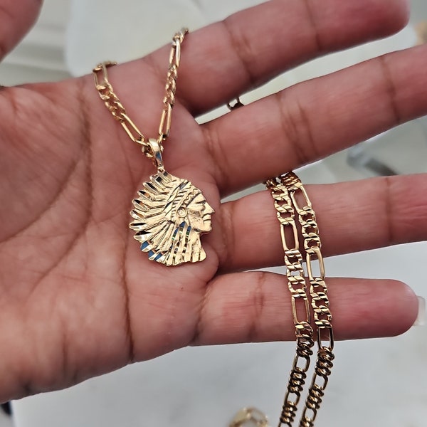 Gold Indian Chief Head Necklace Diamond Cut, Gold Indian Cacique Head, 14k Heavy Gold Plated Necklace, Lifetime Replacement Guarantee!