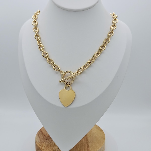 Gold Toggle Necklace: 14k Plated Chain with Heart Tag