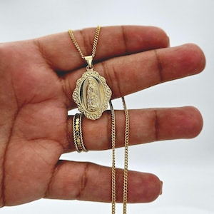 Collar de oro de Guadalupe, collar de la Virgen María, cadena de eslabones de 1,5 mm, chapado en oro grueso de 14 k, cadena de eslabones de 1 mm, garantía de reemplazo de por vida
