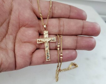 14k Gold Crucifix Necklace, Fancy Diamond Cut Crucifix Necklace, 14k Heavy Plated Gold, Fancy Curb Chain, Lifetime Replacement Guarantee