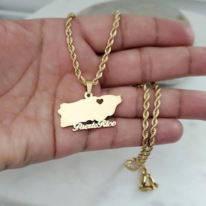 Collar de Puerto Rico grabable en oro de 14k sobre acero inoxidable, collar unisex de alta calidad, cadena de cuerda de 3 mm, resistente al agua y a la decoloración.