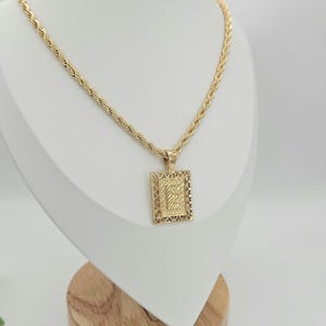 Collar con inicial cuadrada dorada, inicial enrejada cuadrada, cadena de cuerda de 4 mm, collar para hombre, oro grueso chapado en oro de 14 k, garantía de reemplazo de por vida