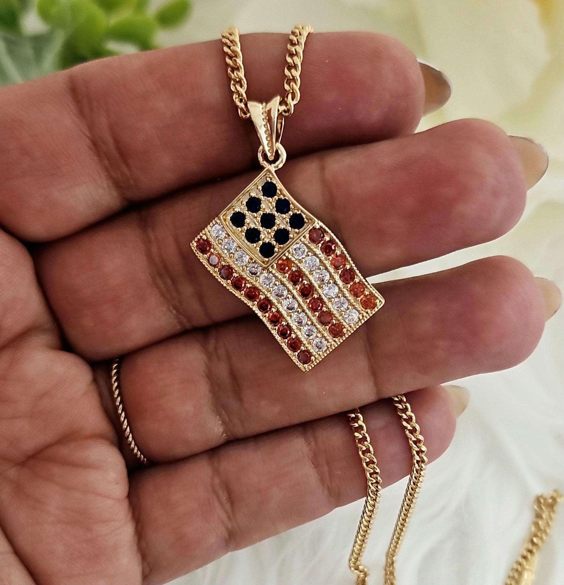 Gold American Flag Necklace: Cubic Zirconia USA Pendant, 2mm Curb