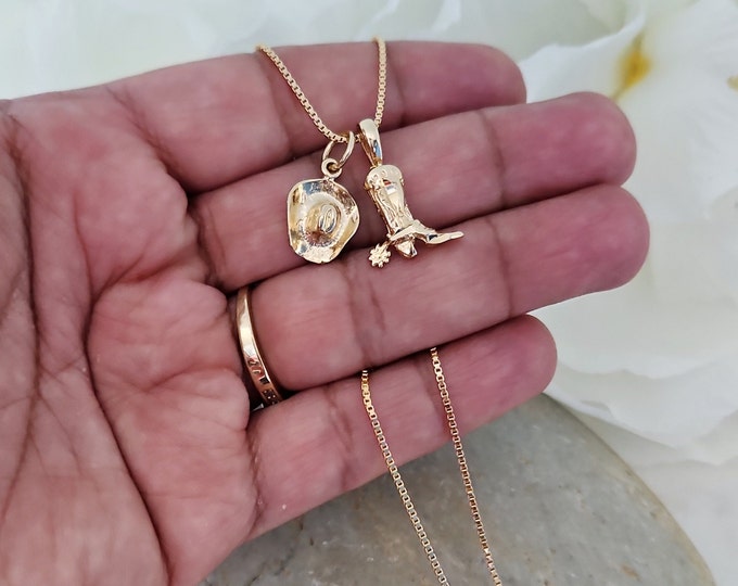 Gold Cowboy Boot and Hat Necklace, Texas Necklace, Dainty Cowgirl