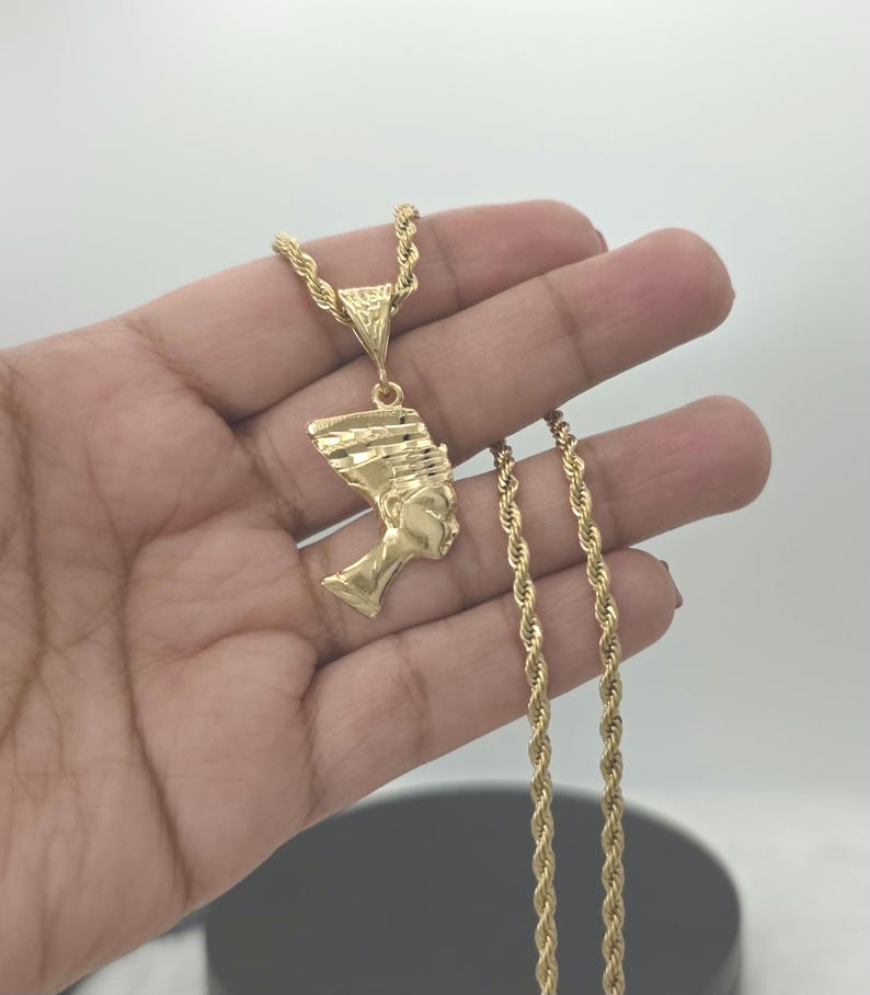 Gold Nefertiti Pendant Necklace: 14k Heavy Plated, 3mm French Rope Chain, Lifetime Replacement Guarantee image 19