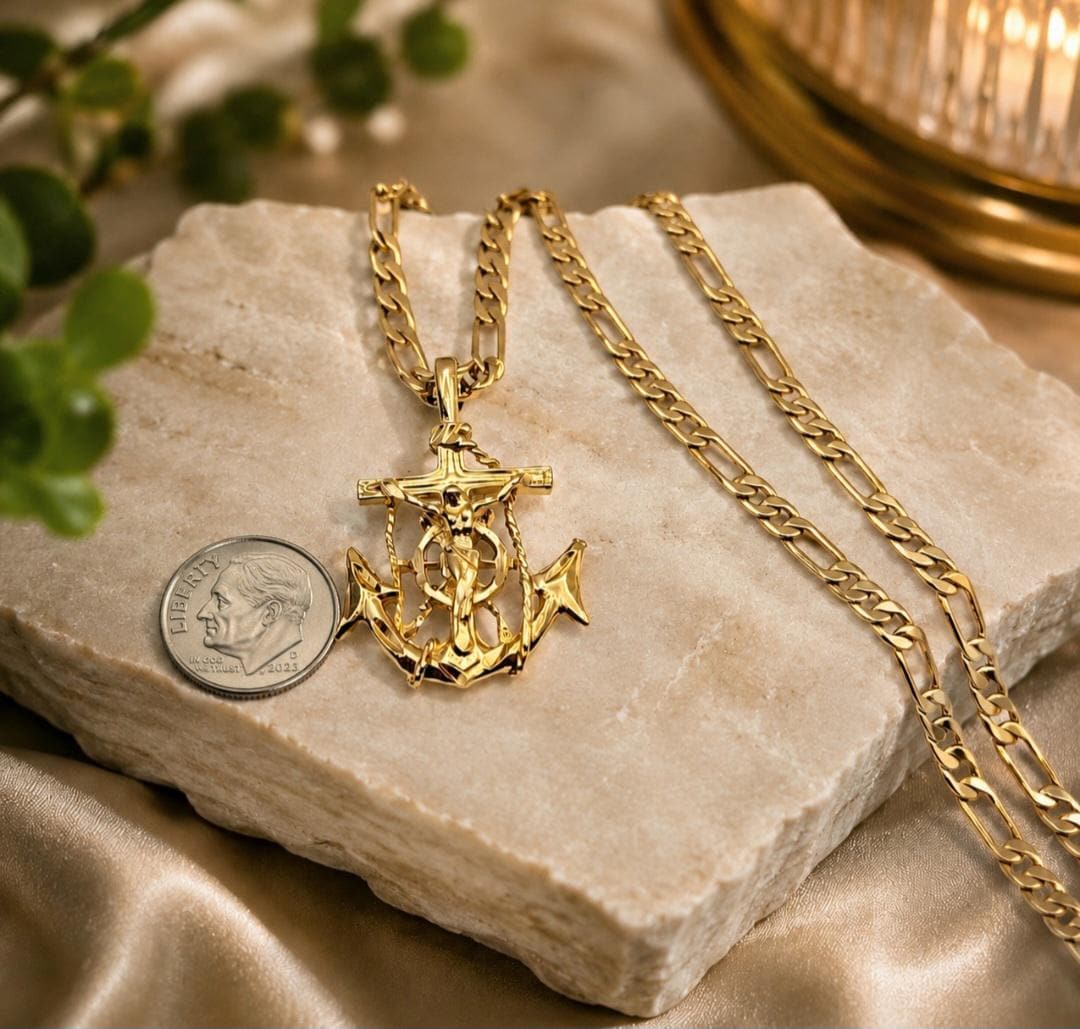 Gold Anchor Crucifix Necklace: 14k Heavy Plated Gold, 4mm Figaro