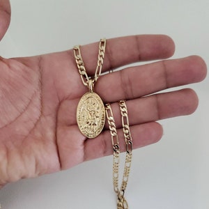 Gold St Christopher Necklace, Medium Sized Necklace,14k Heavy Plated Gold Necklace, Known for Traveling Mercies, 4mm Round Figaro Chain, Men