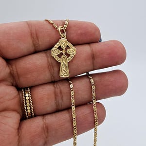 Gold Celtic Cross Necklace, Small Celtic Cross, 2mm Scroll Chain, 14k Heavy Plated Gold Necklace, Embossed Celtic Knot Design, Gold Cross