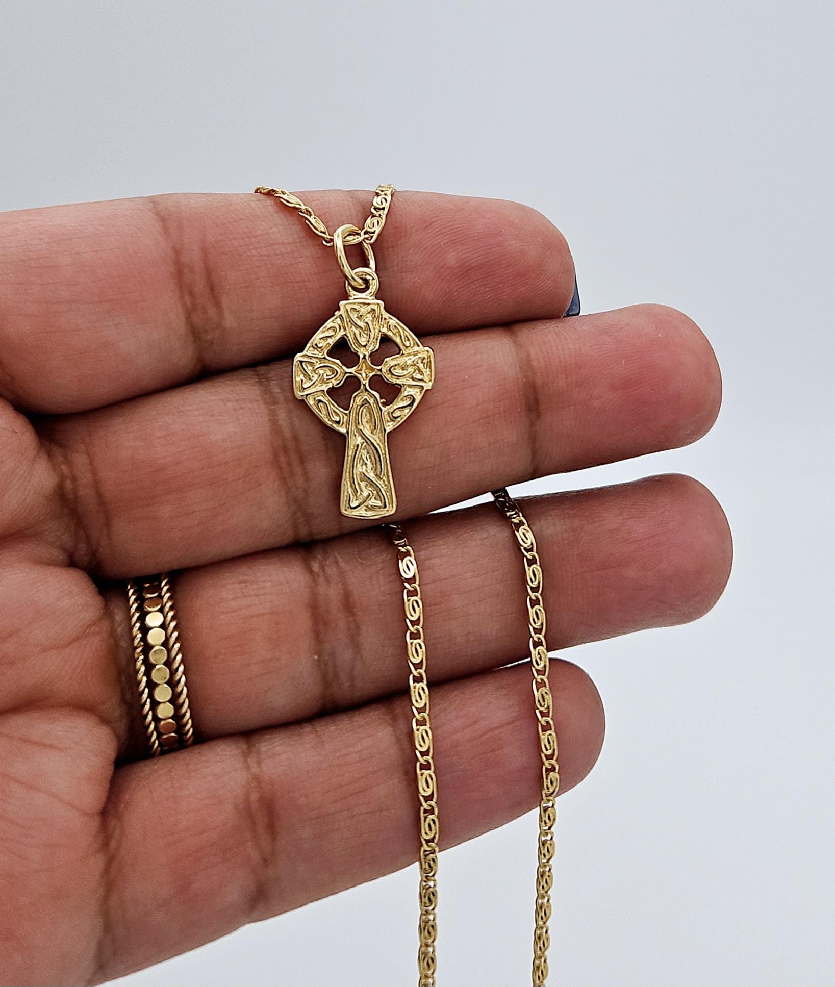 Gold Celtic Cross Necklace: Embossed Knot, 2mm Scroll Chain