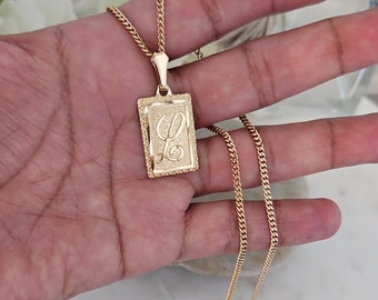 Gold Initial Necklace, Rectangular Initial Necklace, 14k Heavy Plated Gold, 2mm Curb, High Quality Necklace, Lifetime Replacement Guarantee