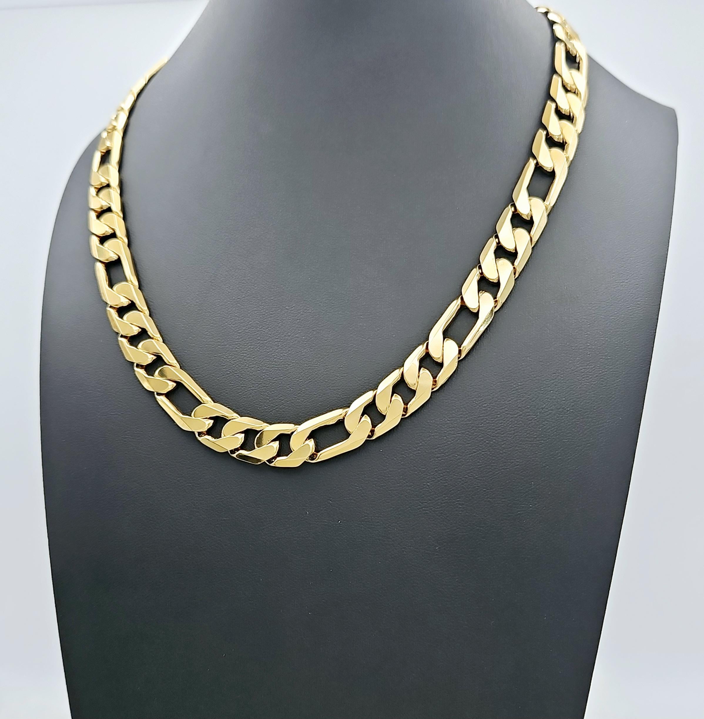 Large 12mm Flat Figaro Chain Necklace: 14k Heavy Gold Plated 