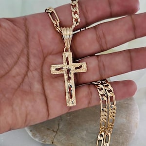 Large Gold Cross Necklace for Men, 6mm Round Figaro Chain, 14k Heavy Plated Gold, High Quality Necklace, Lifetime Replacement Guarantee