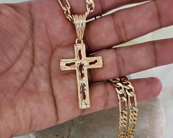 Ciondolo Croce Gesù Crocifisso In Oro Giallo 14kt Con Catena Cubana 22cm – Nuovo